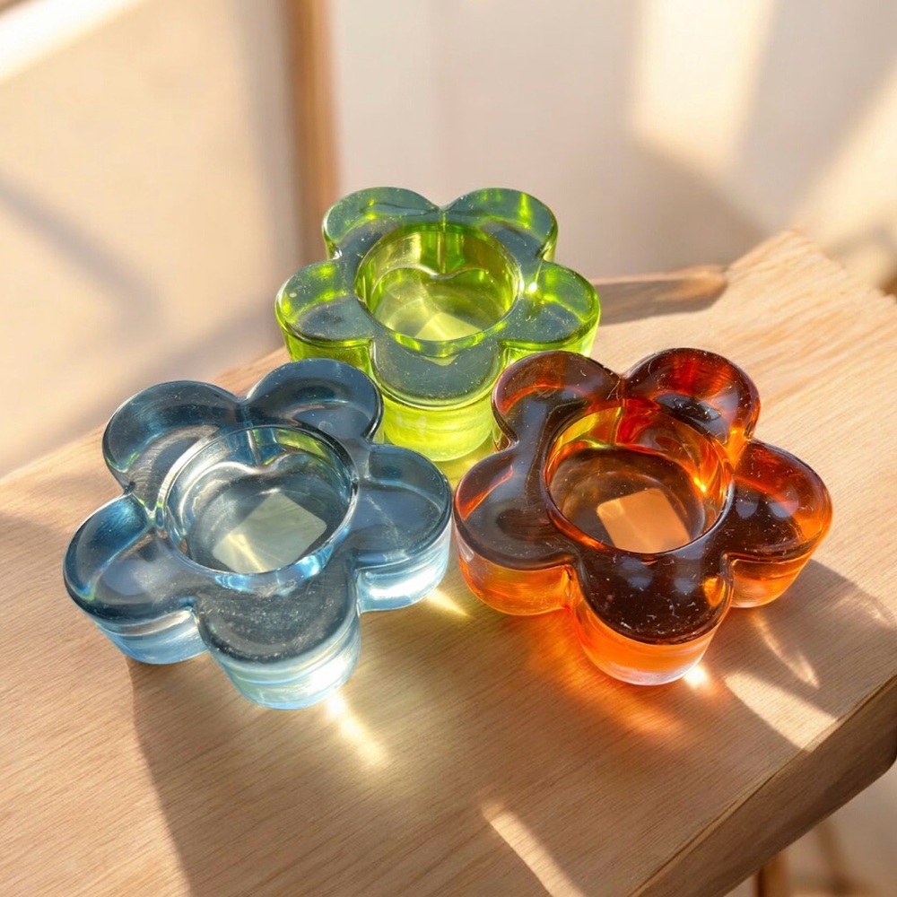 Crate&Barrel Multicolor Glass Flower Candle Holders